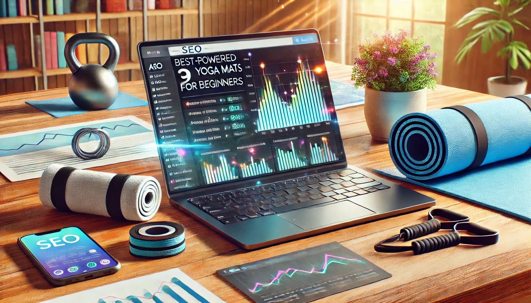 A realistic scene of an AI powered SEO tool in use by a fitness gear company. The image shows a laptop screen displaying search insights for keywords